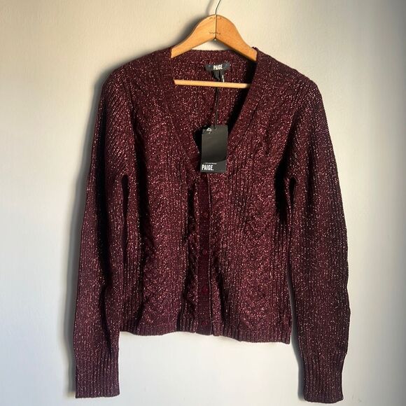 NEW PAIGE Nanari Metallic Cable Knit V-Neck Cardigan in Burgundy Sparkle - Picture 2 of 11